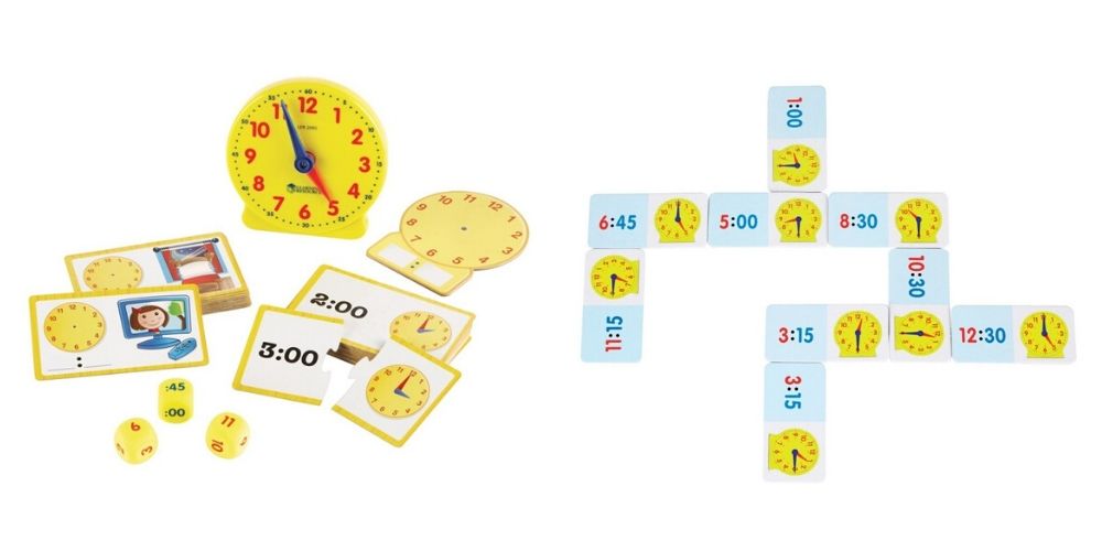 Le préparer au changement d'heure, en jouant avec le Kit d'activité pour comprendre le temps et Dominos pour apprendre l'heure