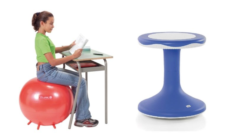 2 exemples d'assise dynamique : le ballon sit'n'gym et le tabouret Tilo.