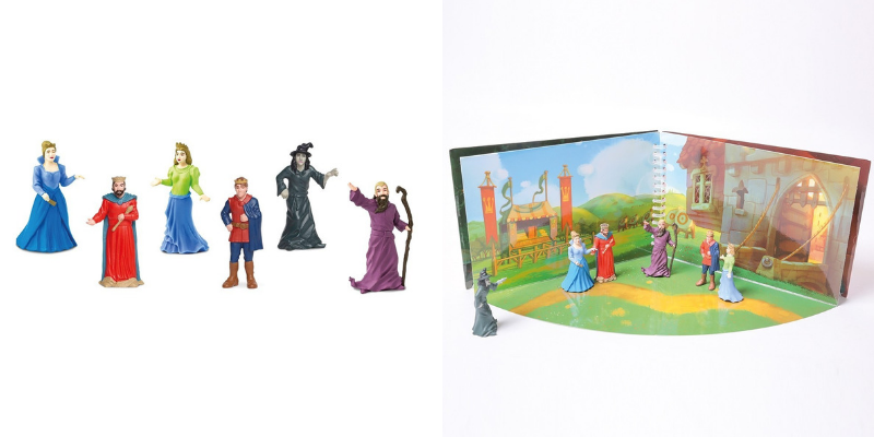 Figurines contes féériques et livre à jouer princes et princesses