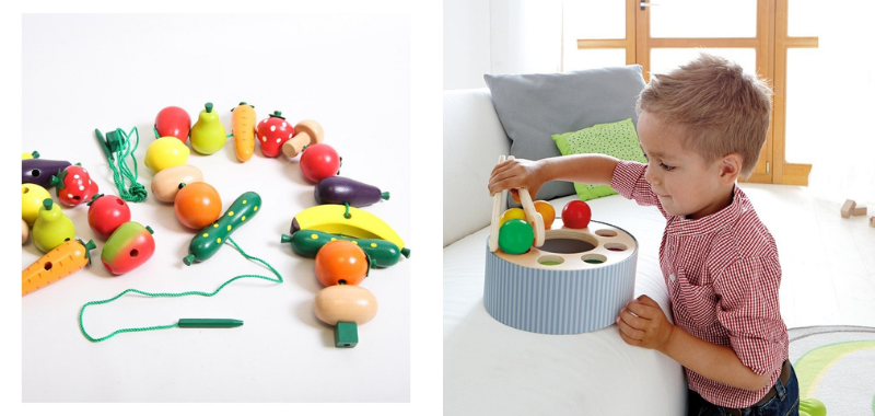 Fruits et légumes à lacer et salade colorée pour les activités motrices de l'enfant