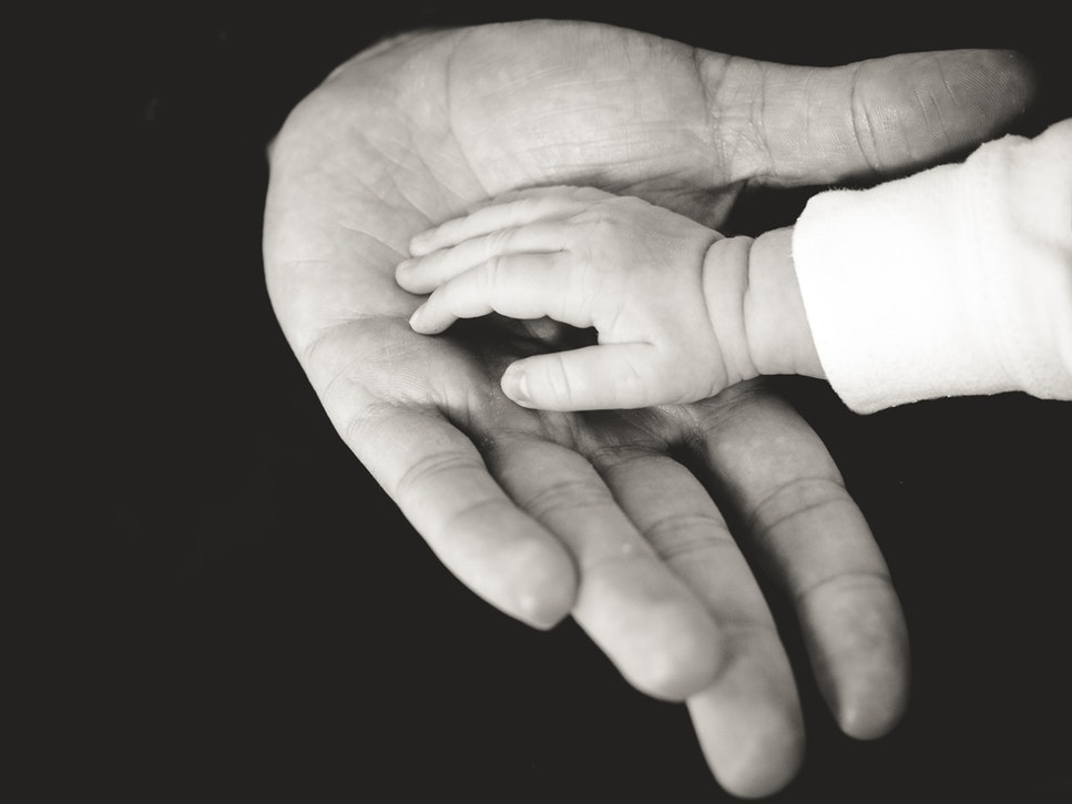 Photo en noir et blanc d'une petite main d'enfant dans une main d'adulte.