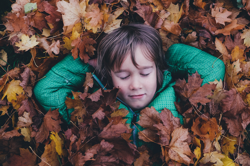 Un enfant dort sur un lit de feuilles