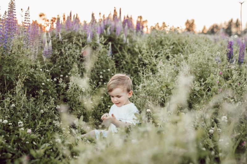 Un enfant dans un champ de fleurs à l'extérieur