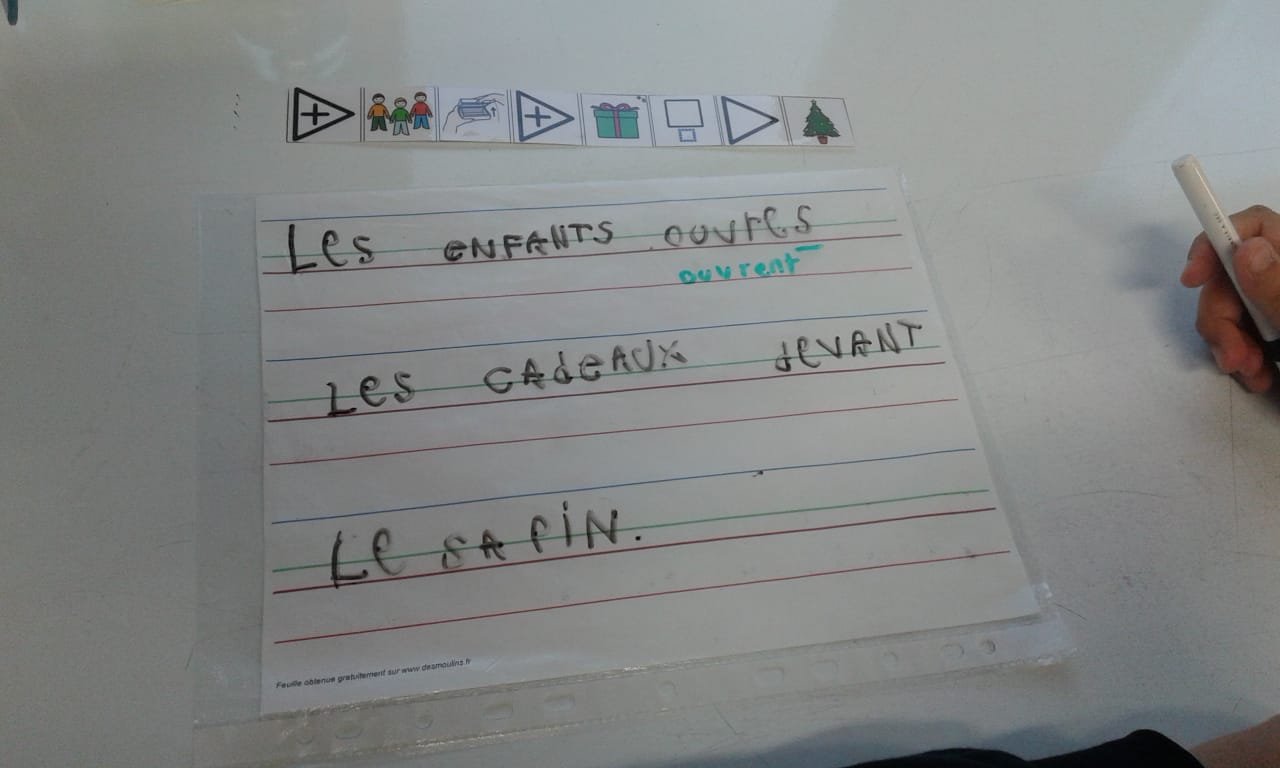 Faire des phrases à l'aide de pictogrammes. Exemple : Les enfants ouvrent les cadeaux devant le sapin.