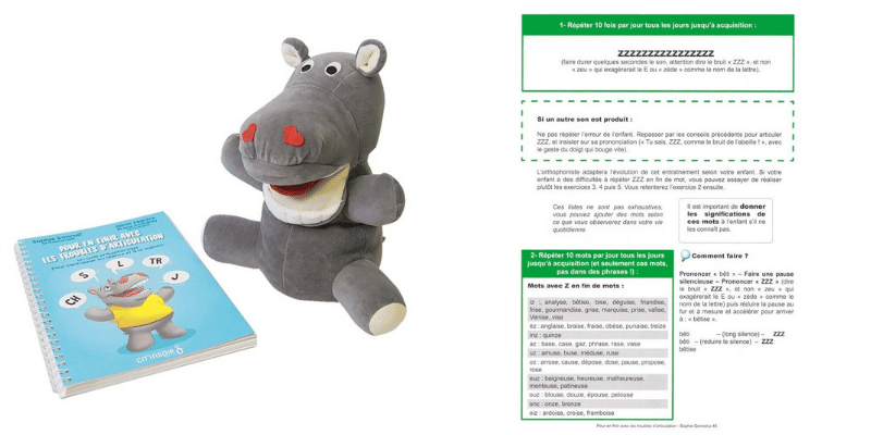 Kit de l'articulation : marionnette Lippo l'hippo et le livre "Pour en finir avec les troubles d'articulation"