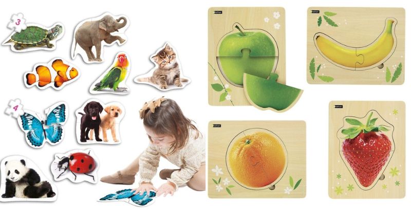 Deux images des bienfaits des puzzles avec plusieurs animaux et puzzles en bois avec des fruits