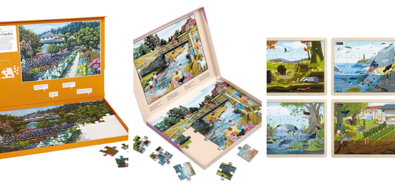 Sélection de puzzles ergonomiques "jardin de Monet" "riviere" et "le monde du vivant" pour idées de cadeau pour papi et mamie