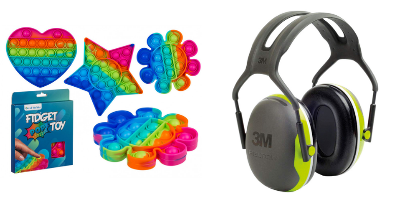 Des pop-it aux couleurs de l'arc-en-ciel et un casque antibruit