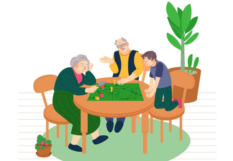 Una ilustración de un niño jugando a un juego de mesa con sus abuelos
