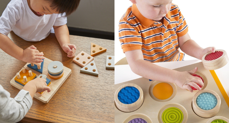 des enfants jouent avec des jeux d'encastrement.