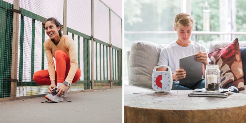 Une femme lace ces chaussures (à gauche) et un adolescent utilise un Time Timer (à droite)