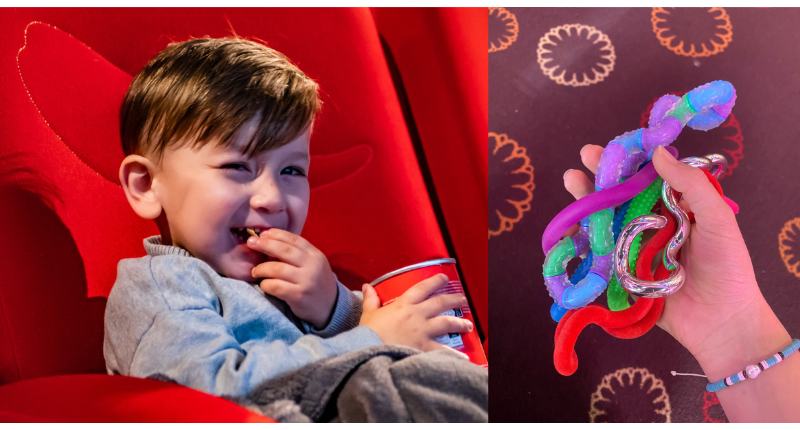 Deux photo au cinéma : un petit garçon content qui mange des chips et une main montrant des fidgets.
