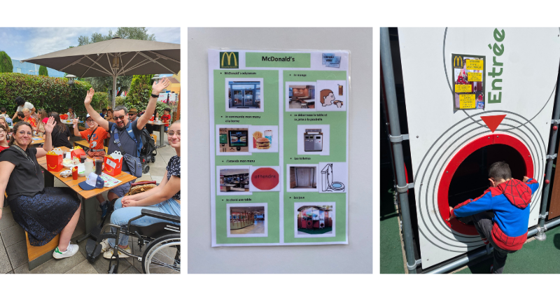 3 photos montrant le repas au McDonald's : la tablée, l'affichage en pictogrammes et l'air de jeux.
