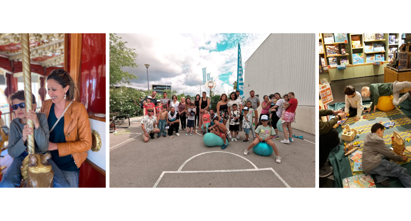 Trois photos présentant différentes activités : carrousel, sport à Decathlon, jeux dans un magasin.