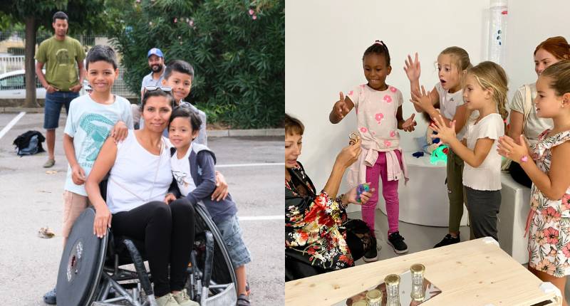 1ère photo : maman et ses 3 garçons qui essayent un fauteuil de rugby fauteuil. 2ème photo : des petites filles qui sourient toutes ensemble.