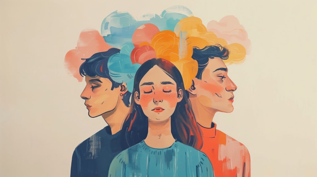 Portrait stylisé de 3 personnes avec des pensées colorées