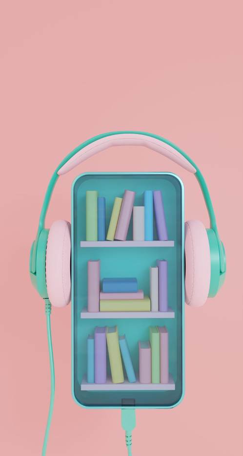 Un casque audio autour d'une bibliothèque (illustration)