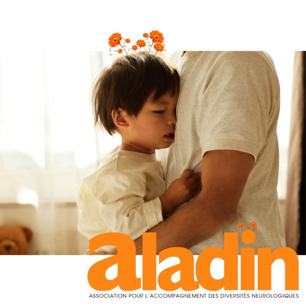 Enfant dans les bras de son père (affiche association Aladn)