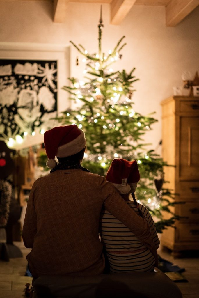 Un parent et son enfant accolés devant un sapin de Noël